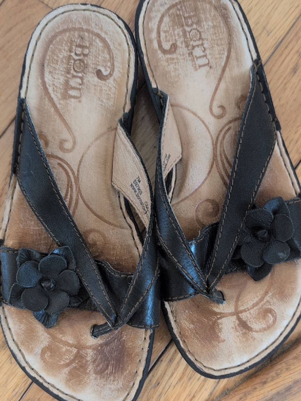 Born Black Floral Leather Flip-flop Sandals
